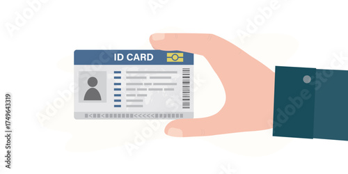 Human hand holding ID card. Plastic password, identification card. Male character personal business card. Mockup, template, closeup view.