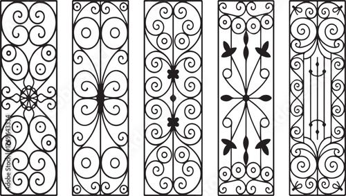 Ornate wrought iron decorative panels with swirling patterns and floral motifs vector