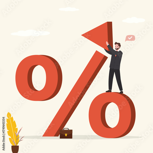 Interest rate, tax or VAT increase, loan and mortgage rate upward trend. Government politician or banker standing on percentage sign and put upward arrow, increase rate