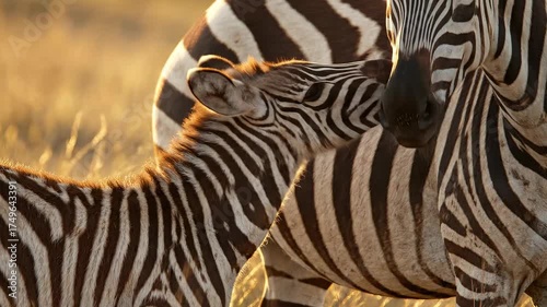 Zebra calf and mother together in natural sunlight