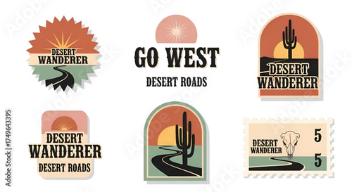 Desert wanderer roads, west vintage travel, sticker badge vector design