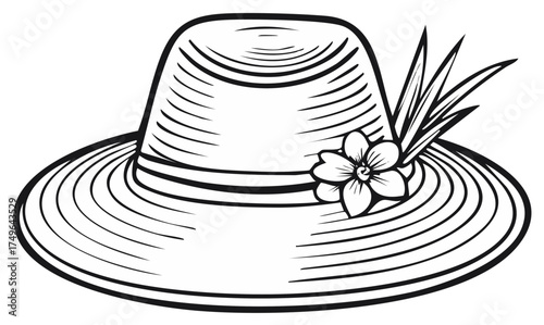Elegant wide brim summer hat decorated with floral elements vector illustration