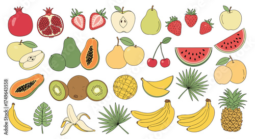 A colorful assortment of fresh fruits and tropical leaves.