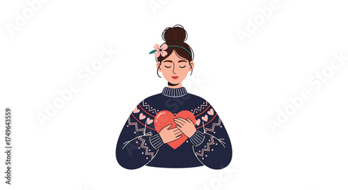 A young woman holding a red heart close to her chest with a gentle expression.