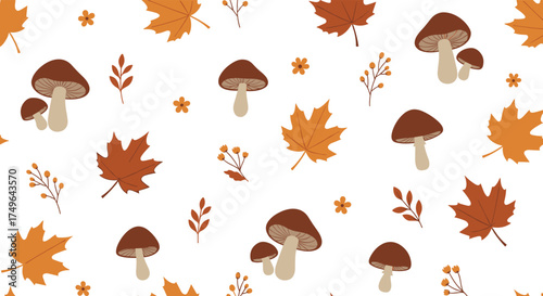 A whimsical pattern of autumn mushrooms and falling leaves.