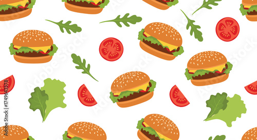 A delicious pattern of fresh burgers and salad ingredients. 