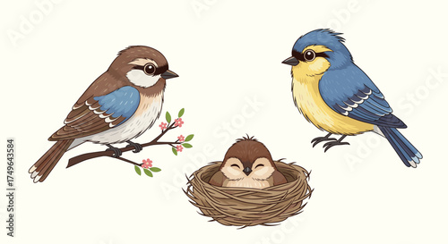 A family of small birds in a simple nature scene.
