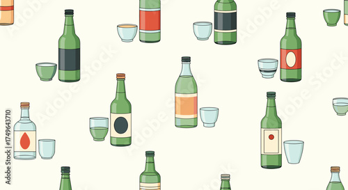 A collection of japanese sake bottles and cups.