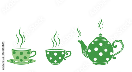 A lovely green polka dot tea set with steaming cups and a teapot.