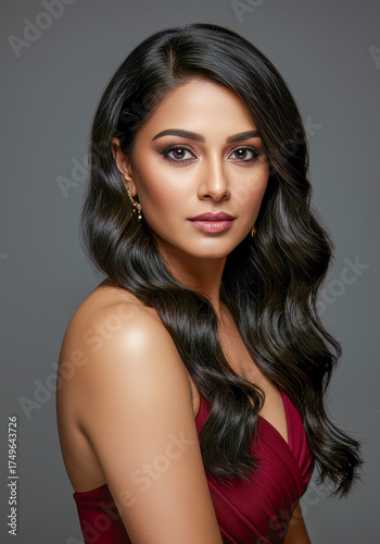 A beautiful, alluring Indian woman with long dark wavy hair, captivating the viewer with her confident gaze and elegant maroon dress.