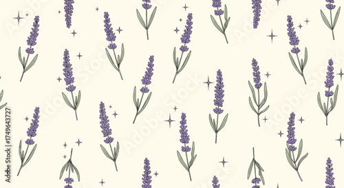 A charming pattern of purple lavender sprigs on a cream background.