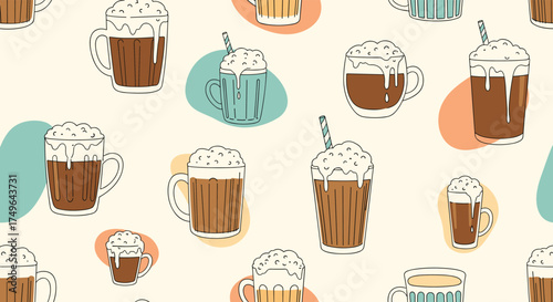 A sweet patterned background filled with different kinds of coffee drinks.