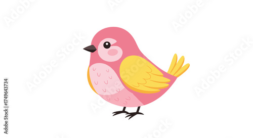 A charming small pink bird with yellow wings and a fluffy chest sits peacefully on a white background.