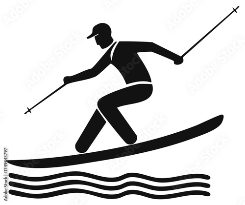 Water Skiing Pictogram: Athlete Skiing, Water Sport, Ski Poles, Black Silhouette Design