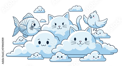 Whimsical cloud creatures float in a dreamy sky.