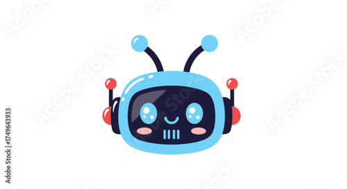 A cute blue robot with big blue eyes smiles sweetly.