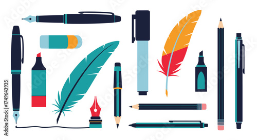A collection of writing instruments and art supplies.