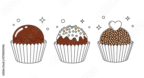 Delicious chocolate desserts arranged in a row on a white background.