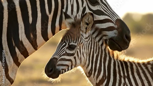 Zebra mother and foal standing close together in sunlight