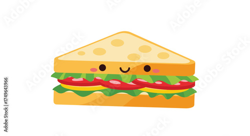 A cute cartoon sandwich with a happy face and delicious fillings.