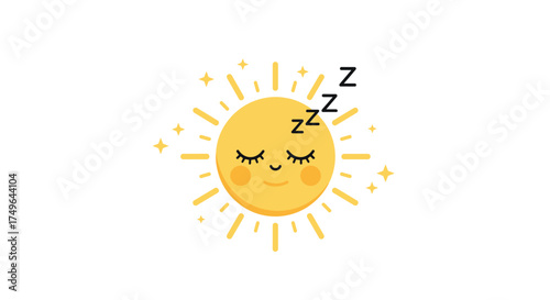A cute sleepy sun with closed eyes and zzz symbols above it..