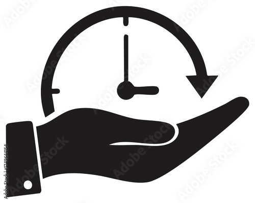 Hand holding a clock with an arrow symbolizing time management, efficiency, and business punctuality