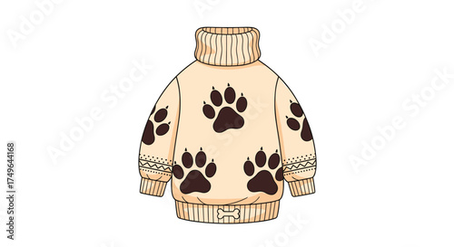 A cozy tan sweater adorned with dark brown paw prints and a fuzzy collar.