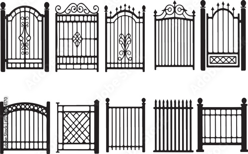 Ornate wrought iron gates and fences with decorative elements black white