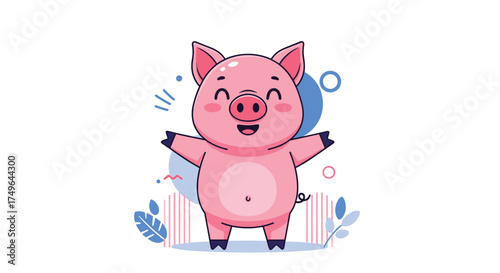 A happy pink pig with open arms on a white background with blue and pink abstract shapes.