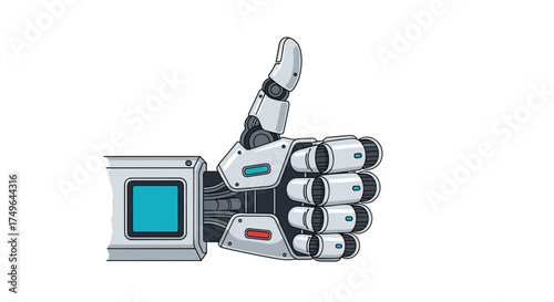 Robotic hand giving a thumbs up gesture with a circuit board integrated into its forearm.