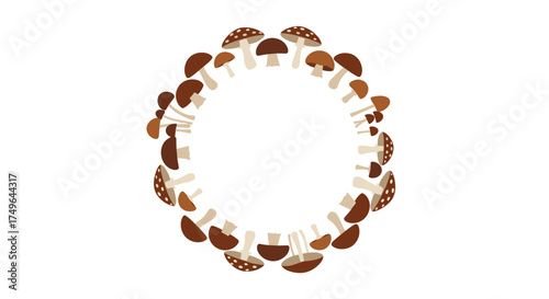 A circular arrangement of brown and white mushrooms forms a decorative border.