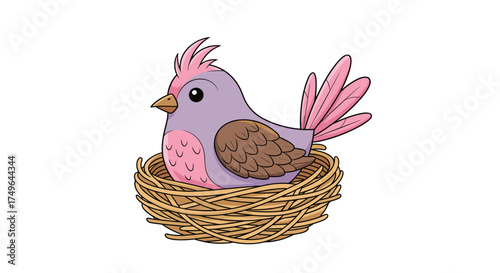 A small cute purple bird sits peacefully in its cozy nest. 