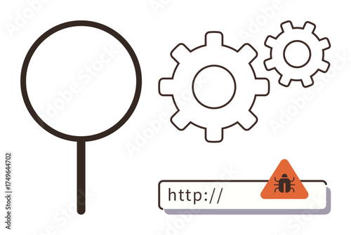 Magnifying glass, gears, and malware warning on URL bar emphasizing bug detection, online security, system optimization, risk management, technology troubleshooting, network protection, simple flat
