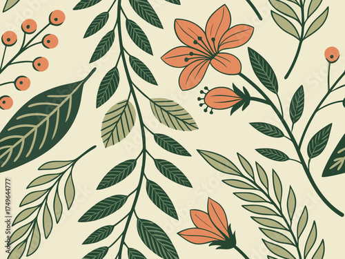 Seamless floral pattern background with flowers leaves and berries art eps silhouette