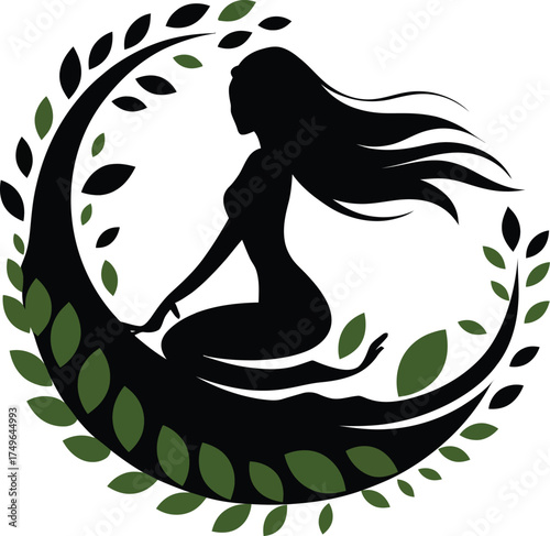 Nature Goddess Silhouette Vector | Woman in Leaf Circle Design