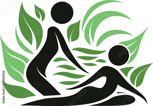 Massage Therapy Silhouette Vector with Green Leaf Elements