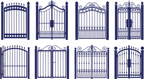 Ornate wrought iron gates with decorative finials and varied patterns entrance