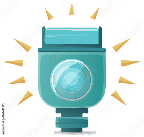 Stylized illustration of a camera flash firing a bright pop of light