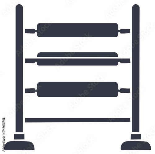 Industrial baking rack holding rolling pins and baking sheets for dough preparation