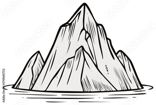 Dramatic mountain peaks rise from the water in a sketched, stylized illustration