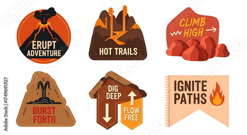 Adventure travel badges, volcano hot trails climb high vector graphic