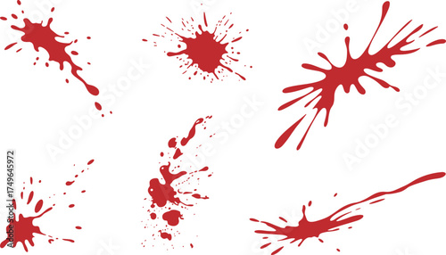 Set of six realistic red liquid splatter stains on white background, dripping paint or blood textures for horror art design