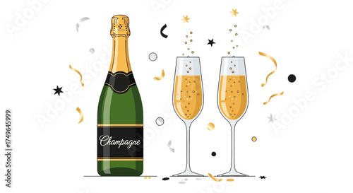 Elegant Champagne Celebration Scene with Sparkling Flutes and Festive Confetti for Special Occasions and Joyful Toasts