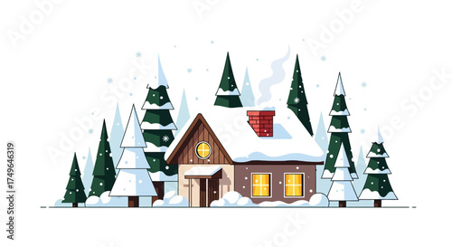 A cozy wooden cabin with a smoking chimney nestled in a snowy winter forest landscape with evergreen trees and glowing windows