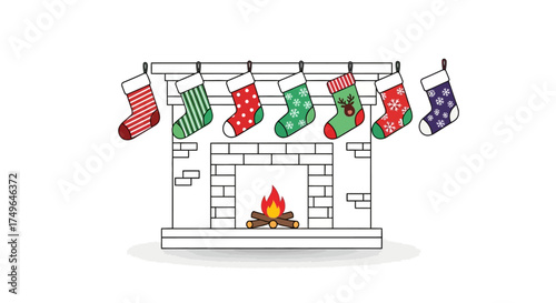 Festive Christmas Stockings Hanging on a Fireplace Mantel Illustration