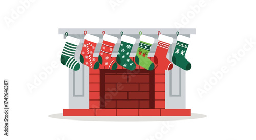 Festive Christmas Stockings Hanging on a Fireplace Mantel Illustration