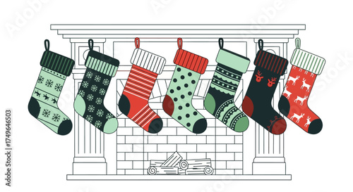 Festive Christmas Stockings Hanging on a Fireplace Mantel Illustration
