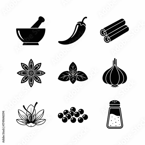 Vector Set of Culinary Spices and Herbs Icons in Black Silhouette Style for Cooking and Flavoring