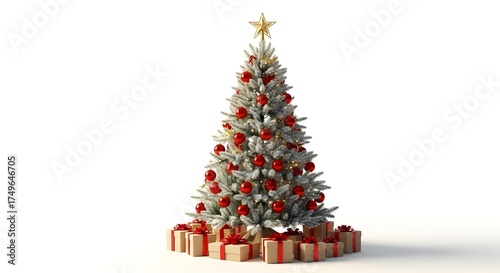 A beautifully decorated christmas tree with red ornaments and gifts piled at its base on a white background
