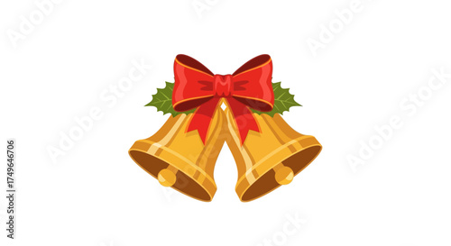 Golden Christmas Bells Decorated with a Red Bow and Holly Sprigs - Festive Holiday Icon